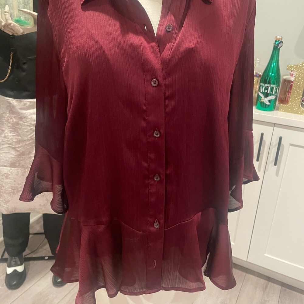 Nine West Deep Red Ruffle Blouse